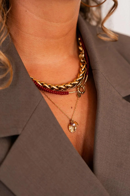 Burgundy small beads necklace gold